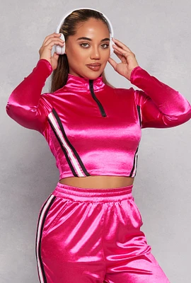 Womens Varsity Stripe Detail Zip Neck Crop Top, Pink, Size L
