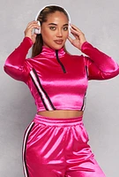 Womens Varsity Stripe Detail Zip Neck Crop Top, Pink,