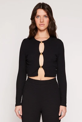 Womens Textured Knit Keyhole Crop Top, Black, Size M
