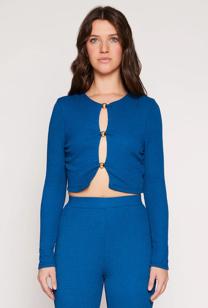 Womens Textured Knit Keyhole Crop Top, Blue, Size L