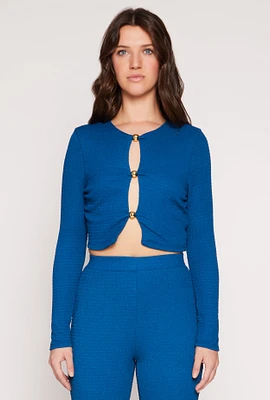 Womens Textured Knit Keyhole Crop Top, Blue, Size L