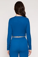 Womens Textured Knit Keyhole Crop Top, Blue, Size L
