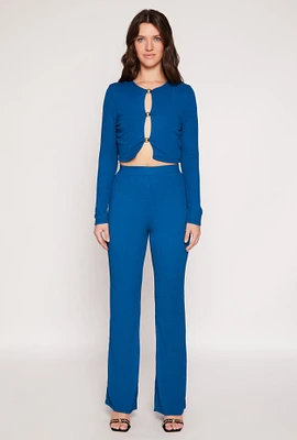 Womens Textured Knit Straight Leg Pants, Blue, Size L