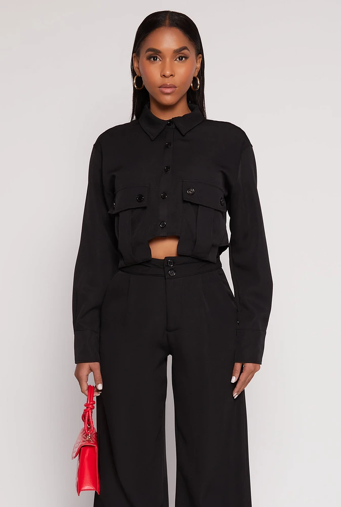 Womens Cargo Pocket Cropped Shirt, M