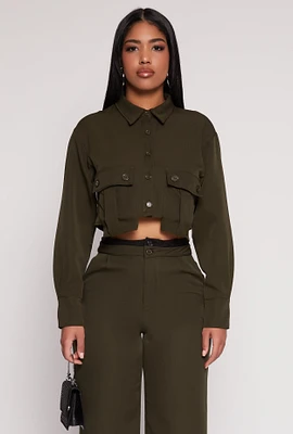 Womens Cargo Pocket Cropped Shirt, Green, Size M