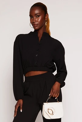 Womens Crepe Knit Button Front Cropped Blouse, Black, Size L