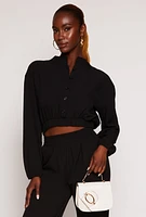 Womens Crepe Knit Button Front Cropped Blouse, Black, Size L