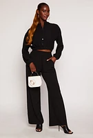 Womens Crepe Knit Button Front Cropped Blouse, Black, Size L