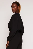 Womens Crepe Knit Button Front Cropped Blouse, Black, Size L