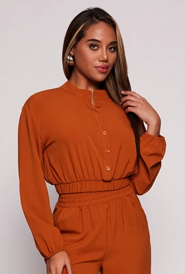 Womens Crepe Knit Button Front Cropped Blouse, Orange, Size M