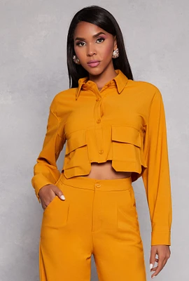 Womens Crepe Knit Cargo Pocket Crop Top, Yellow, Size S