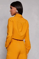 Womens Crepe Knit Cargo Pocket Crop Top, Yellow, Size S