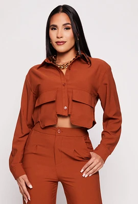 Womens Crepe Knit Cargo Pocket Crop Top, Brown, Size L