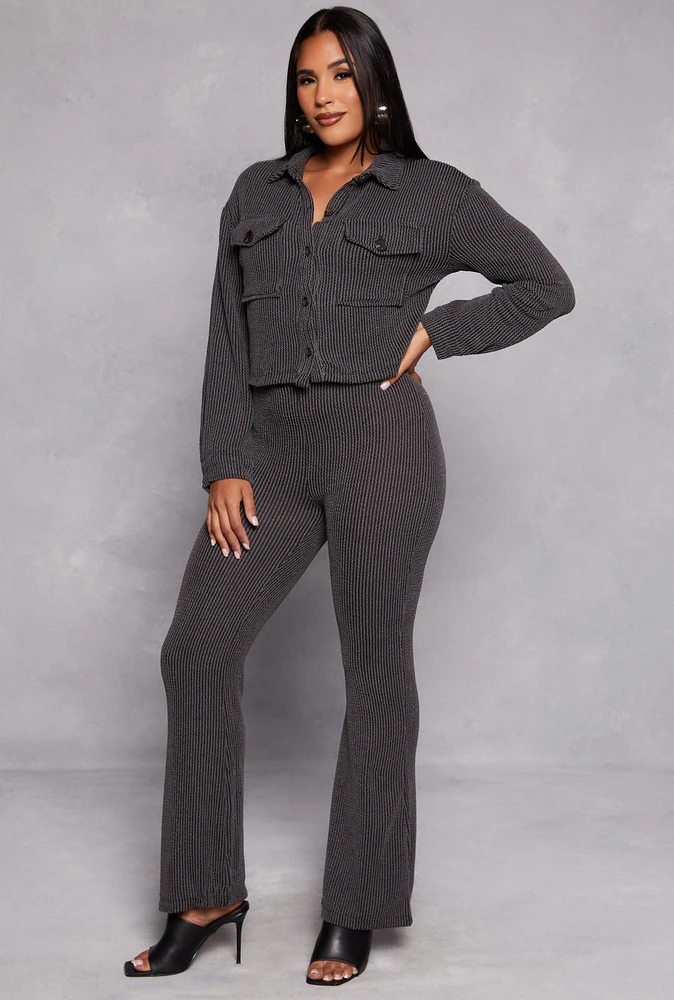 Womens Textured Ribbed Knit High Waist Pants, Grey, Size L