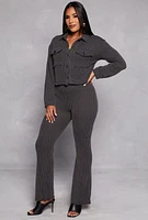Womens Textured Ribbed Knit High Waist Pants, Grey, Size L