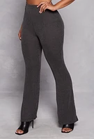 Womens Textured Ribbed Knit High Waist Pants, Grey, Size L