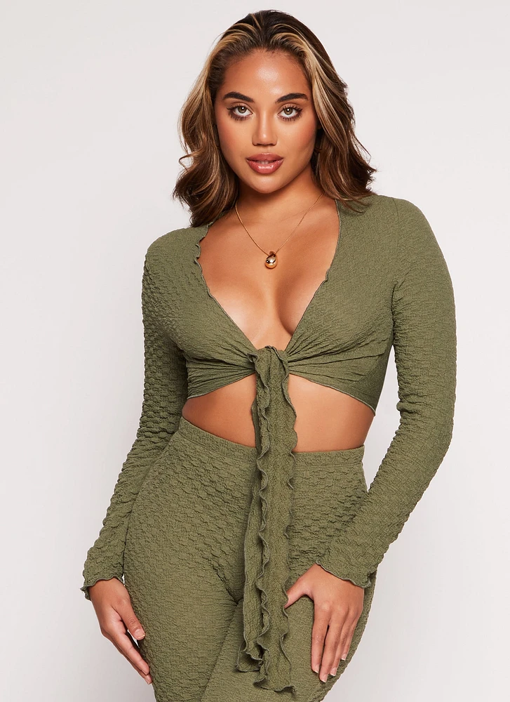 Womens Textured Knit Long Sleeve Tie Front Crop Top, Green, Size S