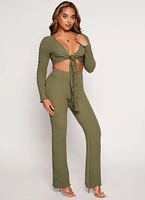 Womens Textured Knit Long Sleeve Tie Front Crop Top,