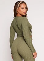 Womens Textured Knit Long Sleeve Tie Front Crop Top, Green, Size S