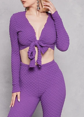 Womens Textured Knit Long Sleeve Tie Front Crop Top, Purple,