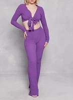 Womens Textured Knit Long Sleeve Tie Front Crop Top, Purple,