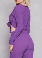 Womens Textured Knit Long Sleeve Tie Front Crop Top, Purple,