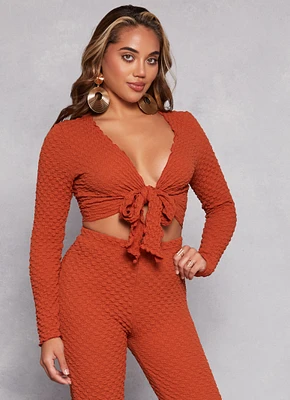 Womens Textured Knit Long Sleeve Tie Front Crop Top, Brown, Size M