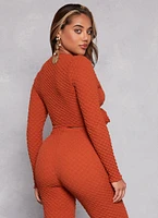 Womens Textured Knit Long Sleeve Tie Front Crop Top, Brown, Size M