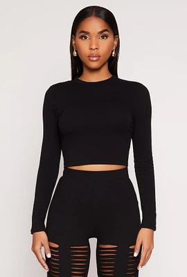 Womens Long Sleeve High Neck Crop Top, Black,