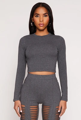 Womens Long Sleeve High Neck Crop Top, Grey, Size XL