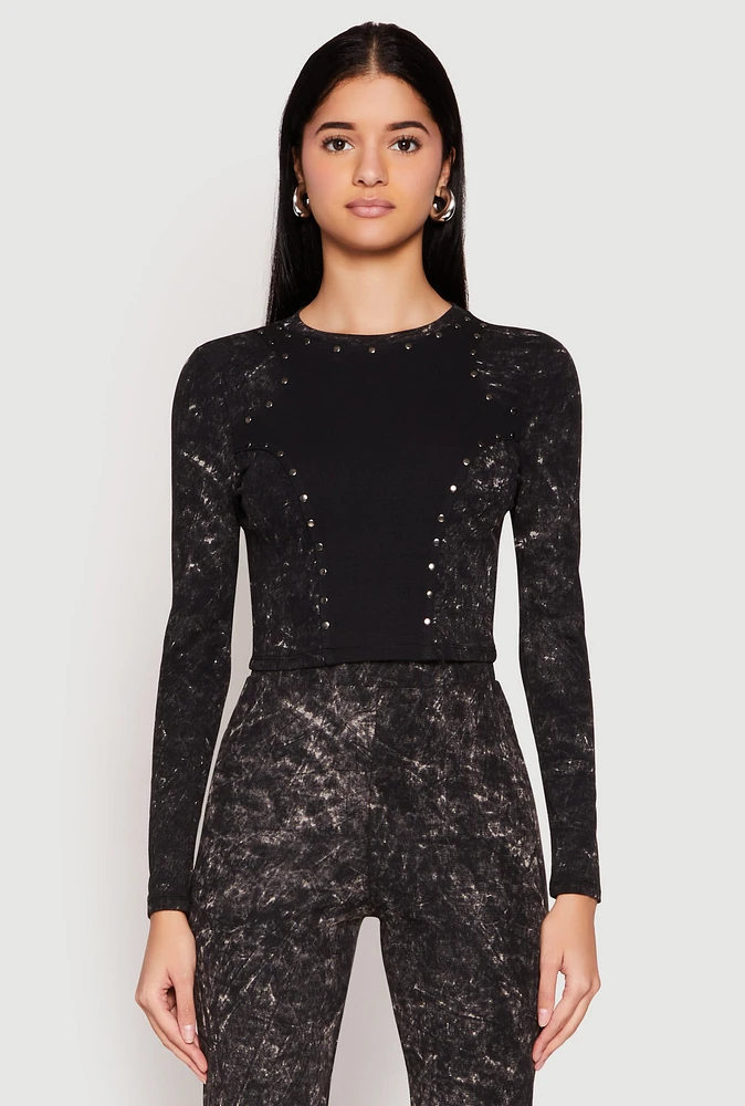 Womens Mineral Wash Studded Crop Top,