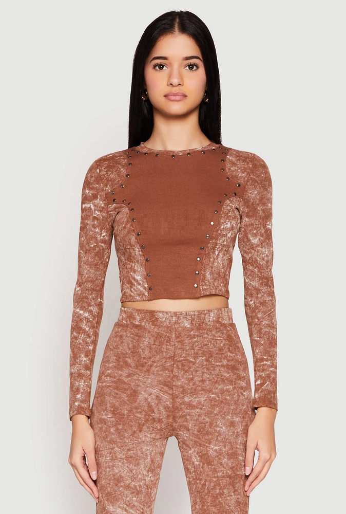 Womens Mineral Wash Studded Crop Top, Brown,