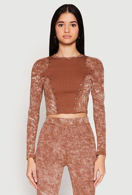 Womens Mineral Wash Studded Crop Top, Brown,
