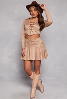 Womens Faux Suede Lace Up Crop Top, Beige, Size S