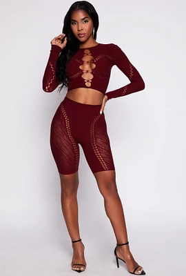 Womens Seamless Laser Cut Crop Top and Biker Shorts Set, Burgundy