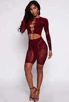 Womens Seamless Laser Cut Crop Top and Biker Shorts Set, Burgundy