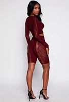 Womens Seamless Laser Cut Crop Top and Biker Shorts Set, Burgundy
