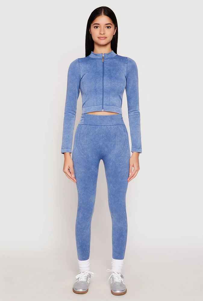 Womens Seamless Mineral Wash High Waisted Leggings, Blue, Size L-XL