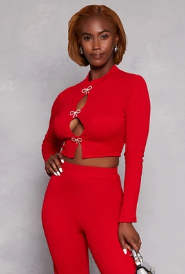 Womens Rhinestone Bow Cut Out Crop Top, Red,
