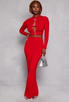 Womens Rhinestone Bow Cut Out Crop Top, Red,
