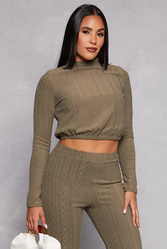 Womens Cable Knit Long Sleeve Crop Top, Green, Size S