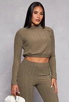 Womens Cable Knit Long Sleeve Crop Top, Green, Size S