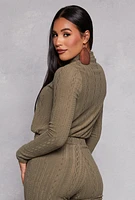 Womens Cable Knit Long Sleeve Crop Top, Green, Size S