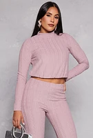 Womens Cable Knit Long Sleeve Crop Top, Pink, Size L