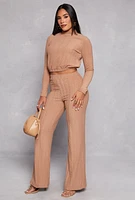 Womens Cable Knit Long Sleeve Crop Top, Beige, Size M