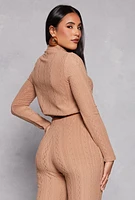 Womens Cable Knit Long Sleeve Crop Top, Beige, Size M