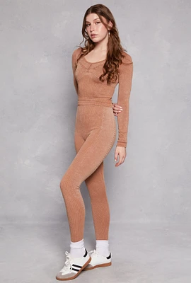 Womens Seamless Rib Knit Laser Cut Leggings, Khaki, Size M-L