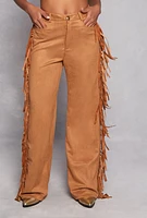 Womens Faux Suede Fringe Pants, Brown, Size S