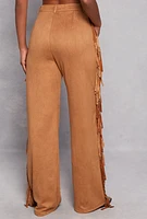 Womens Faux Suede Fringe Pants, Brown, Size S