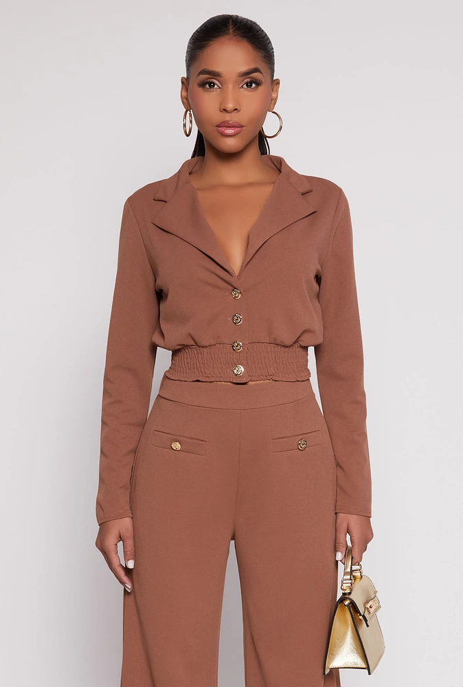 Womens Smocked Button Front Blouse, Brown, Size L